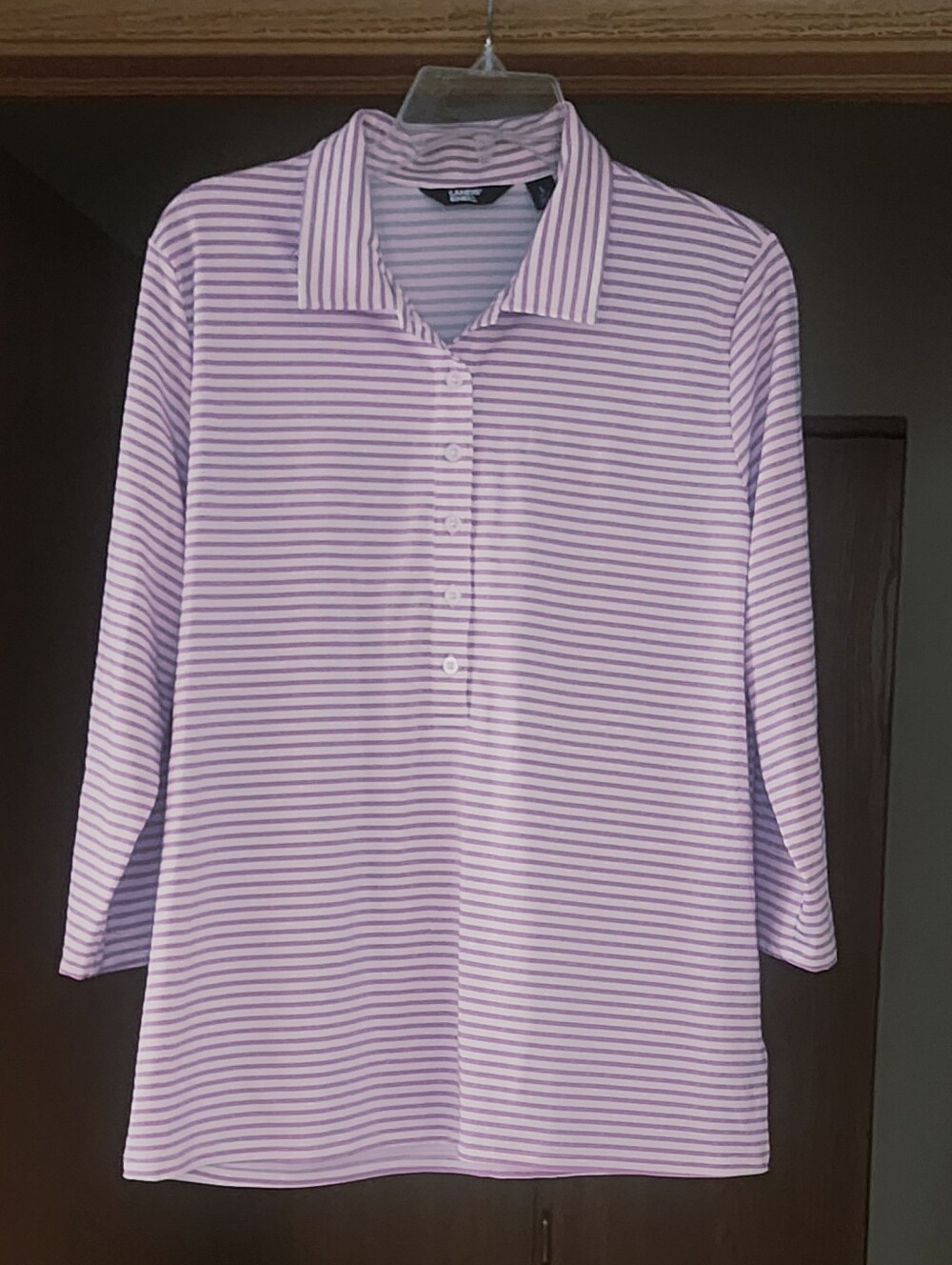 Lands'End Woman's UPF 50 Protection Polo Shirt 3/4 Sleeves Button Placket Sz L